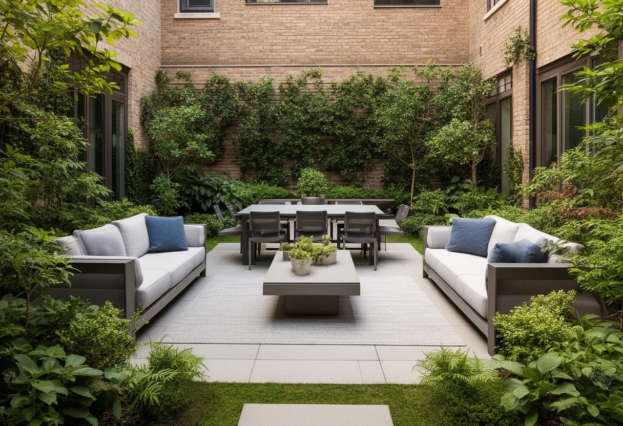 Cour extérieure aménagée avec mobilier et plantes