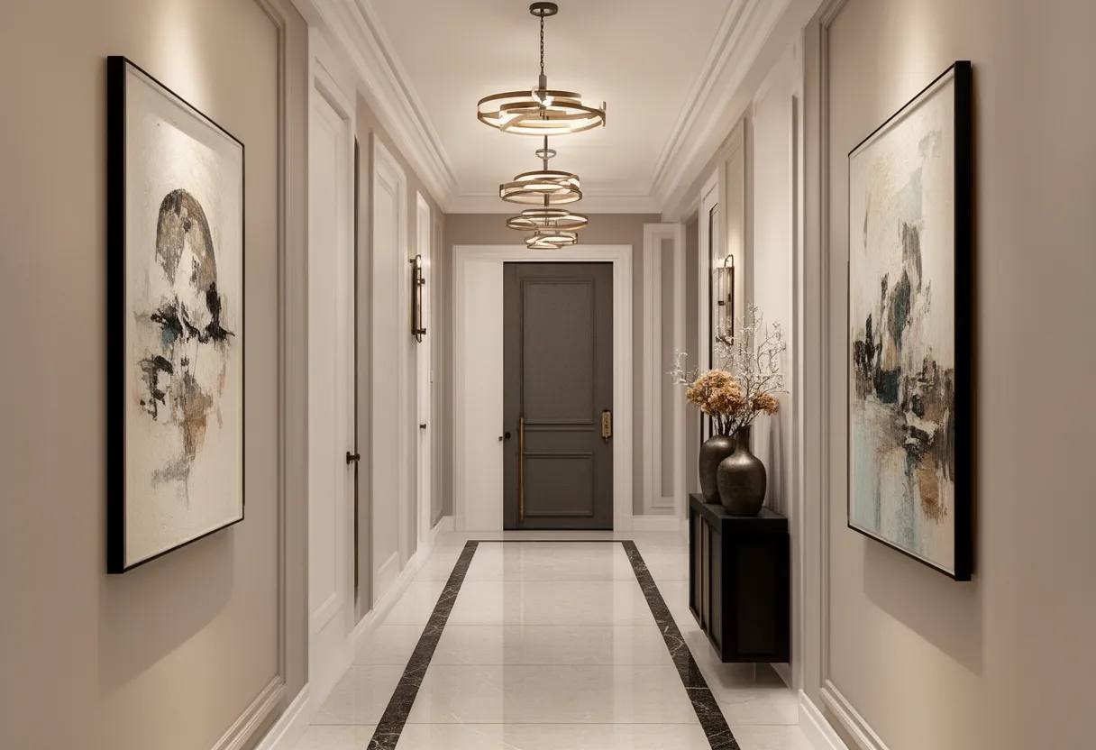 Long couloir d'entrée décoré avec style