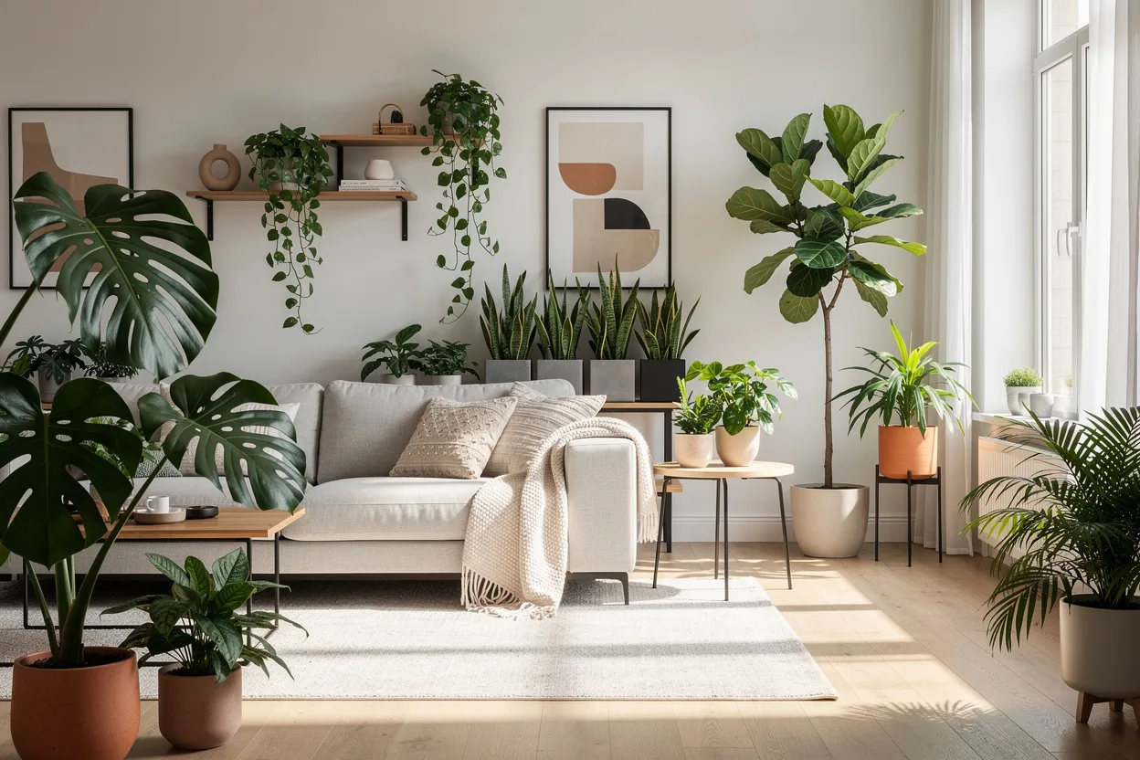 Salon décoré avec des plantes