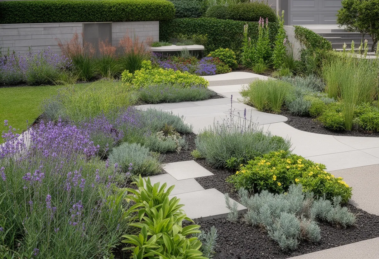 Jardin facile d'entretien avec plantes vivaces