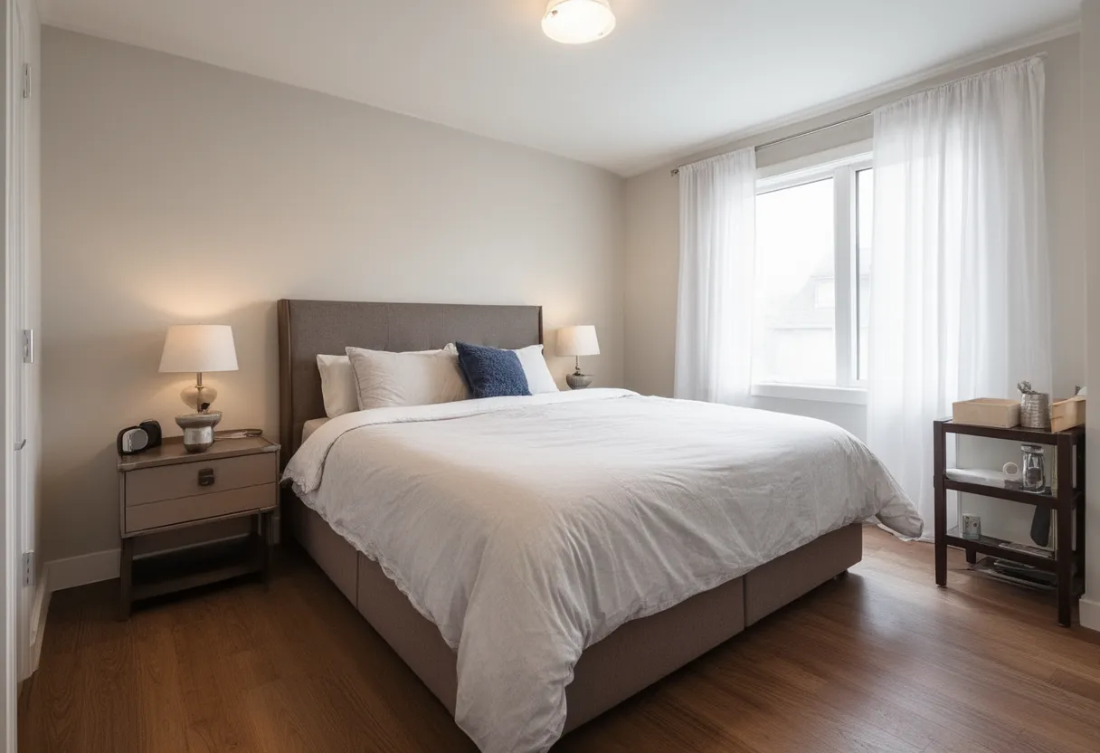 Lit king size dans une petite chambre bien aménagée